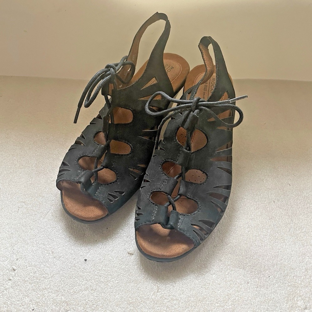 Rockport Sued Gladiator Sandals Women 8 W Black Cobb Hill Leather Upper  Lace Up